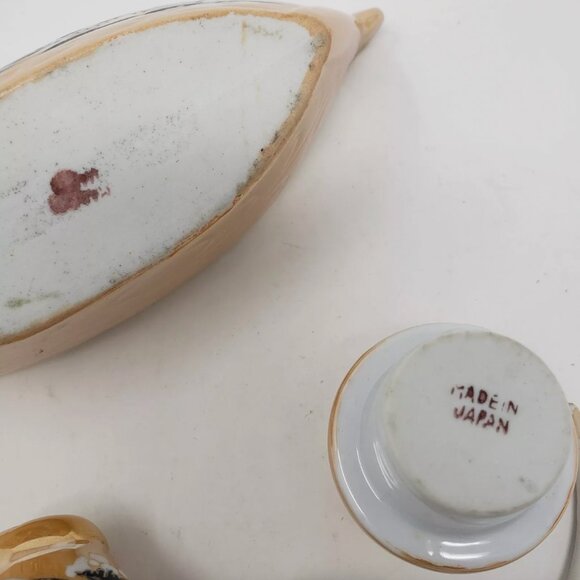 Vintage Condiment Set Salt & Pepper Mustard Jar w/ Spoon Lusterware Japan Boat - Picture 6 of 7